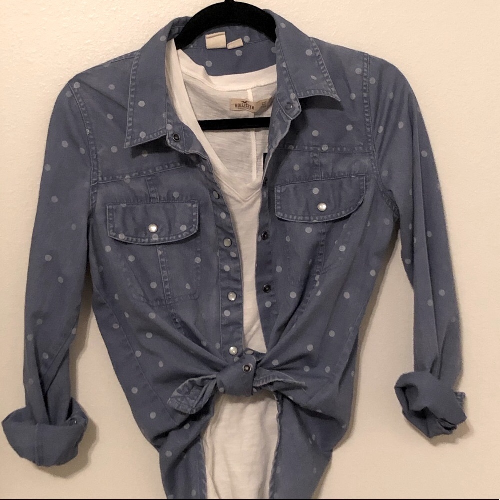 Polka dot chambray long sleeve button down top